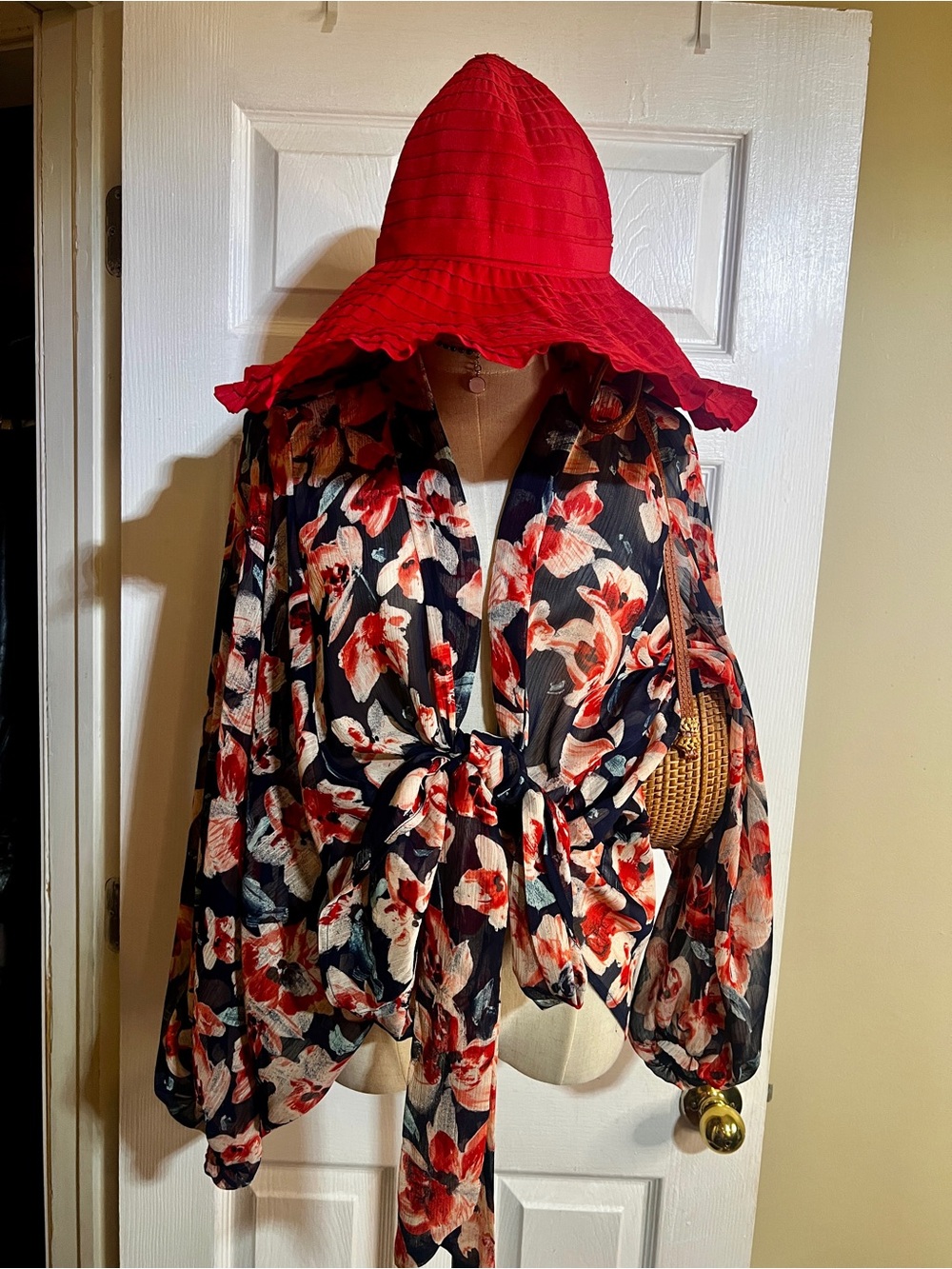 Vintage 90s Papillion Wms Red Ruffle Boho Cottagecore Retro Glam Sun Hat